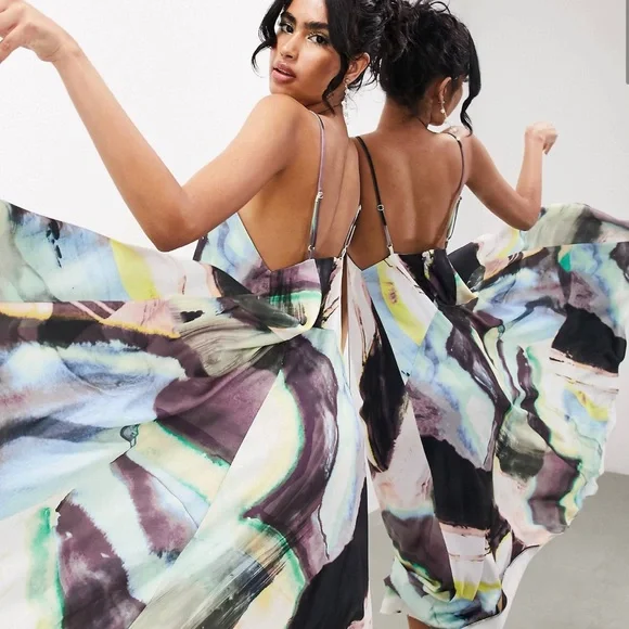 ASOS EDITION statement strappy v neck maxi dress in abstract print - Size  Small